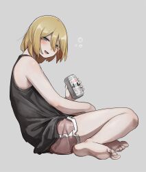 Rule 34 | 1girl, absurdres, asahi breweries, barefoot, beer can, black tank top, blonde hair, blue eyes, can, dolphin shorts, drink can, feet, grey background, highres, looking at viewer, original, pink shorts, short hair, shorts, smile, soles, solo, tabao, tank top, toes