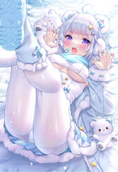 Rule 34 | 1girl, absurdres, ahoge, animal ears, bandaid, bandaid on cheek, bandaid on face, bear, blue footwear, blue nails, blue scarf, blunt bangs, blush, breasts, claw pose, fang, foot out of frame, fur trim, grey hair, hair ornament, hands up, highres, legs, legs up, long sleeves, looking at viewer, lying, medium breasts, medium hair, nail polish, on back, open mouth, original, pantyhose, paw hair ornament, polar bear, puffy long sleeves, puffy sleeves, purple eyes, scarf, shoes, snow, solo, star (symbol), star hair ornament, thighs, underboob, white pantyhose, yuyuko (yuyucocco)
