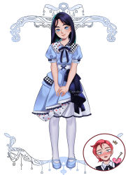 Rule 34 | 2girls, arcane: league of legends, arrow through heart, artist name, black hair, black ribbon, blue bow, blue bowtie, blue dress, blue eyes, blue footwear, blush, bow, bowtie, caitlyn (league of legends), checkered clothes, clothing request, dress, full body, heart, highres, kaizy (kaizy 07), league of legends, long hair, looking at viewer, multiple girls, open mouth, own hands together, puffy short sleeves, puffy sleeves, red hair, ribbon, shoes, short hair, short sleeves, smile, solo focus, standing, vi (league of legends), white background, yuri