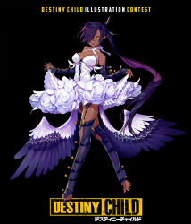 Rule 34 | 1girl, bare shoulders, black background, bow, breasts, copyright name, dark-skinned female, dark skin, destiny child, detached sleeves, fingernails, full body, garter straps, hair bow, hair over one eye, halterneck, highres, long hair, long sleeves, looking at viewer, low wings, medium breasts, nail polish, one eye covered, original, parted lips, pointy ears, ponytail, purple hair, purple nails, purple thighhighs, simple background, skirt, smile, solo, standing, thighhighs, toeless legwear, very long hair, white skirt, wings, yamakawa, yellow eyes
