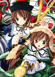 Rule 34 | 00s, 2girls, blue dress, blush, boots, brown footwear, brown hair, bucket, capelet, dress, flower, frilled sleeves, frills, green dress, green eyes, hat, head scarf, heterochromia, holding, knee boots, long hair, long sleeves, multiple girls, open mouth, oversized object, plant, red eyes, ribbon, rose, rozen maiden, scissors, siblings, sisters, souseiseki, straightchromia, suiseiseki, surprised, thorns, twins, very long hair, white legwear
