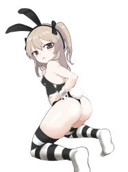 Rule 34 | 1girl, absurdres, animal ears, ass, blush, breasts, brown eyes, covered erect nipples, eyebrows, fake animal ears, girls und panzer, hair ornament, hairband, highres, leotard, looking at viewer, looking back, open mouth, playboy bunny, rabbit ears, rabbit tail, shimada arisu, shiny clothes, simple background, small breasts, solo, striped clothes, striped thighhighs, sweat, tail, thighhighs, white background, white hair, yabai gorilla
