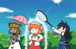 Rule 34 | 3girls, black hair, blonde hair, blue sky, brown eyes, cloud, commentary, dress, drill hair, edgycat, hands on own hips, hat, holding, holding magnifying glass, holding umbrella, hot, luna child, magnifying glass, multiple girls, orange hair, parasol, quad drills, red skirt, skirt, skirt set, sky, star sapphire, sun, sunny milk, sweat, tongue, tongue out, touhou, two side up, umbrella, white dress, wide sleeves