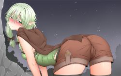 Rule 34 | 10s, 1girl, annoyed, ass, blush, bow, braid, breasts, cameltoe, cape, elf, ginhaha, goblin slayer!, green eyes, green hair, hair bow, high elf archer (goblin slayer!), leaning, leaning forward, long hair, looking at viewer, outdoors, pointy ears, scowl, shiny skin, shorts, sky, solo, star (sky), starry sky, thighhighs