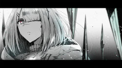 Rule 34 | 1girl, arknights, asymmetrical bangs, coat, denken, frostnova (arknights), grey eyes, hair ornament, hair over one eye, hairclip, highres, letterboxed, long hair, looking at viewer, one eye covered, originium (arknights), portrait, scar, scar on face, scar on nose, solo, turtleneck
