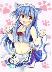 Rule 34 | 1girl, animal ears, animal hands, blue hair, blush, cat ears, cat paws, cat tail, collarbone, fang, frills, headdress, hinanawi tenshi, kuzumomo, maid headdress, navel, red eyes, solo, tail, thighhighs, thighs, touhou, white thighhighs, wrist cuffs