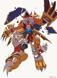 Rule 34 | 2boys, armor, blue shirt, broken armor, brown hair, brown shorts, claws, digimon, digimon (creature), digimon adventure, fingernails, full body, gloves, goggles, goggles on head, grey background, highres, horns, injury, kubota keita, multiple boys, muscular, open mouth, sharp fingernails, shirt, shoes, short sleeves, shorts, simple background, socks, torn wings, twitter username, wargreymon, white footwear, white gloves, wings, yagami taichi