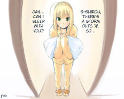 Rule 34 | 00s, 1girl, ahoge, artoria pendragon (all), artoria pendragon (fate), fate/stay night, fate (series), hard-translated, lowres, non-web source, hugging object, pajamas, pillow, pillow hug, saber (fate), slippers, solo, third-party edit, translated