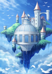 Rule 34 | above clouds, arch, bird, blue sky, castle, cloud, cloudy sky, commentary request, day, dragon, fantasy, floating island, flock, hanging plant, highres, no humans, outdoors, pixiv fantasia, pixiv fantasia t, plant, sachi (yumemayoi), scenery, sky, tower, window
