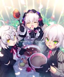 Rule 34 | 3girls, apron, black dress, black gloves, black vest, blush, bonnet, bowl, breasts, chocolate, closed eyes, collared shirt, cup, dress, echo (circa), elbow gloves, facial scar, fate/grand order, fate (series), food, fork, frills, fruit, gloves, green eyes, grey hair, grey shirt, hair between eyes, headpiece, hot chocolate, jack the ripper (fate/apocrypha), jack the ripper (memory of qualia) (fate), jeanne d&#039;arc alter santa lily (fate), jeanne d&#039;arc alter santa lily (memory of qualia) (fate), long hair, long sleeves, looking at viewer, macaron, multiple girls, necktie, nursery rhyme (fate), nursery rhyme (memory of qualia) (fate), open mouth, puffy short sleeves, puffy sleeves, scar, scar across eye, scar on cheek, scar on face, shirt, short hair, short sleeves, shoulder tattoo, small breasts, smile, tattoo, tray, vest, white apron, white hair, yellow eyes