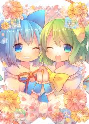 Rule 34 | 2girls, blue dress, blue eyes, blue hair, bow, cirno, coa (chroo x), daiyousei, dress, fairy wings, flower, green hair, grin, hair bow, hair ribbon, holding hands, ice, ice wings, interlocked fingers, looking at viewer, multiple girls, one eye closed, open mouth, photo (object), ribbon, side ponytail, smile, touhou, wings