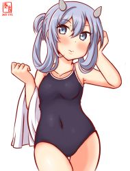 Rule 34 | 1girl, alternate costume, artist logo, blue eyes, blue hair, blue one-piece swimsuit, collarbone, commentary request, competition school swimsuit, covered navel, cowboy shot, dated, fake horns, hair rings, headgear, horned headwear, horns, i-203 (kancolle), kanon (kurogane knights), kantai collection, light blue hair, long hair, looking at viewer, one-hour drawing challenge, one-piece swimsuit, school swimsuit, sidelocks, simple background, solo, swimsuit, thigh gap, towel, white background