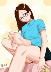 Rule 34 | 1girl, absurdres, artist request, barefoot, bed, blush, brown eyes, brown hair, feet, female focus, foot focus, from below, glasses, highres, holding, holding shoes, long hair, looking at viewer, parted lips, pov, shoes, unworn shoes, single shoe, sitting, smile, soles, solo, toes