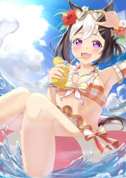 Rule 34 | 1girl, :d, animal ears, arm up, armpits, bare shoulders, bendy straw, bikini, black hair, blue sky, blush, breasts, cleavage, cloud, collarbone, commentary request, cup, day, drink, drinking straw, eyewear on head, flower, hair flower, hair ornament, hairclip, heart, heart-shaped eyewear, holding, holding cup, horse ears, horse girl, horse tail, innertube, knees together feet apart, looking at viewer, medium breasts, multicolored hair, open mouth, outdoors, plaid, plaid bikini, purple eyes, red flower, shiranui (jari boy), sky, smile, solo, special week (hopping vitamin heart) (umamusume), special week (umamusume), sunglasses, swim ring, swimsuit, tail, two-tone hair, umamusume, water, white flower, white hair, yellow-framed eyewear