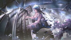 1girl armlet bai_qi-qsr blue_hair blue_nails blue_veil breasts cleavage closed_eyes closed_mouth collarbone commentary dress english_commentary from_side grand_piano highres instrument jewelry large_breasts long_hair music nail_polish piano playing_instrument playing_piano sitting sleeveless sleeveless_dress solo the_shorekeeper_(wuthering_waves) veil white_dress wuthering_waves