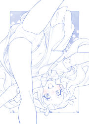 Rule 34 | 1girl, blue theme, blunt bangs, blush, bow, bow panties, bowtie, commentary, crotch seam, dress, ellee-chan, hair ribbon, highres, hirogaru sky! precure, kneepits, layered sleeves, long hair, long sleeves, looking at viewer, miyagoe yoshitsuki, monochrome, navel, open mouth, outstretched arms, panties, precure, ribbon, short dress, short over long sleeves, short sleeves, smile, spot color, spread arms, spread legs, two side up, underwear, upside-down, upskirt