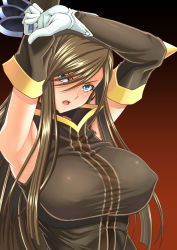 Rule 34 | 00s, 1girl, :o, armpits, blue eyes, blush, breasts, brown hair, coat, collar, covered erect nipples, detached sleeves, female focus, gloves, gradient background, hair over one eye, head tilt, highres, holding, holding knife, holding weapon, knife, large breasts, long hair, open mouth, red background, sidelocks, simple background, sleeveless, solo, syunzou, tales of (series), tales of the abyss, tear grants, throwing knife, upper body, very long hair, weapon, white gloves