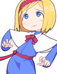 Rule 34 | 1girl, :3, alice margatroid, blonde hair, blue dress, blue eyes, blush, bow, bowtie, capelet, closed mouth, collared capelet, commentary request, cookie (touhou), cowboy shot, dress, flat chest, frilled hairband, frills, hairband, hospital king, long sleeves, red bow, red bowtie, red hairband, red sash, sash, short bangs, short hair, simple background, smile, solo, taisa (cookie), touhou, white background, white capelet