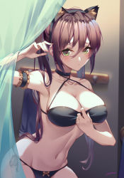 Rule 34 | 1girl, animal ears, armlet, bare shoulders, bikini, blush, bow, bow bikini, breasts, brown hair, cat ears, cleavage, closed mouth, collarbone, commentary request, cowboy shot, criss-cross halter, dc (doughertyevans), eyelashes, fake animal ears, green eyes, groin, hair between eyes, halterneck, hand up, highres, indoors, large breasts, long hair, looking at viewer, navel, original, sidelocks, signature, solo, standing, stomach, swimsuit, twintails, very long hair