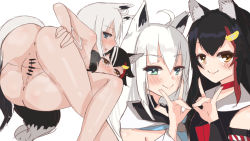 Rule 34 | 2girls, animal ears, anus, black hair, blush, censored, choker, cleft of venus, fox ears, fox girl, fox tail, girl on top, hand on own ass, hololive, koutate, looking at viewer, looking back, multicolored hair, multiple girls, nude, ookami mio, pussy, shirakami fubuki, smile, steam, streaked hair, tail, take your pick, virtual youtuber, white hair, wolf ears, wolf girl, wolf tail, yuri
