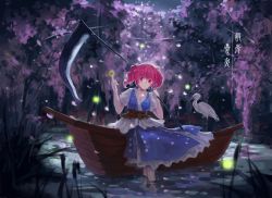 Rule 34 | 1girl, absurdres, bad id, bad pixiv id, bird, boat, coin, crane (animal), female focus, hair bobbles, hair ornament, highres, onozuka komachi, pink eyes, pink hair, red eyes, red hair, riko233, scythe, short twintails, solo, touhou, tree, twintails, two side up, water, watercraft