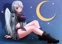 Rule 34 | arm under breasts, bare legs, blue background, boots, bow, bowtie, braid, breasts, brown footwear, closed mouth, collared shirt, crescent moon, cross-laced footwear, feathered wings, french braid, full body, grey hair, happy, highres, jacket, kishin sagume, large breasts, legs, long sleeves, looking at viewer, moon, purple shirt, purple skirt, red bow, red bowtie, red eyes, shadow, shirt, short hair, single wing, sitting, skirt, smile, teisei sagishi, thighs, touhou, white jacket, white wings, wings