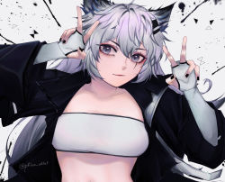 Rule 34 | 1girl, animal ears, arknights, artist name, bandeau, black jacket, collarbone, commentary, double v, fingerless gloves, gloves, grey eyes, hair between eyes, hair ornament, hairclip, hands up, highres, jacket, lappland (arknights), long hair, looking at viewer, midriff, open clothes, open jacket, phieo shiet, scar, scar across eye, scar on face, silver hair, solo, stomach, strapless, tube top, twitter username, upper body, v, white gloves, wolf ears