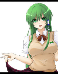 Rule 34 | 1girl, alternate costume, animal print, breasts, clothes lift, female focus, frog print, green eyes, green hair, hinagami, kochiya sanae, large breasts, letterboxed, lifting own clothes, long sleeves, looking at viewer, matching hair/eyes, open mouth, plaid, plaid skirt, school uniform, shirt, skirt, skirt lift, smile, solo, sweater vest, touhou, uniform, vest