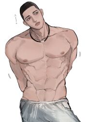 Rule 34 | 1boy, abs, arms behind back, bara, black eyes, black hair, buzz cut, cowboy shot, fukatsu kazunari, highres, jewelry, large pectorals, male focus, muscular, muscular male, navel, necklace, nipples, ood do0, pectorals, short hair, simple background, slam dunk (series), solo, topless male, very short hair, white background