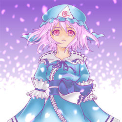 Rule 34 | 1girl, cherry blossoms, dress, female focus, gradient background, hat, lowres, saigyouji yuyuko, solo, tears, touhou, white background