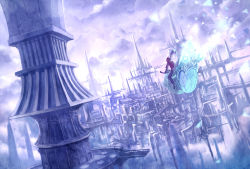 Rule 34 | 1boy, ahoge, architecture, cloud, cloudy sky, commentary request, driving, flying, long hair, male focus, original, pants, red shirt, sakimori (hououbds), scenery, science fiction, shirt, shoes, sky, solo, tower