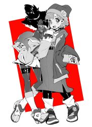 Rule 34 | 2girls, beanie, choker, clothes writing, coat, dark skin, dress, full body, greyscale, hat, highres, humanization, juno (omega strikers), looking at viewer, luna (omega strikers), monochrome, multiple girls, official art, omega strikers, shoes, sleeves past wrists, symbol-shaped pupils, wide sleeves