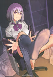 1girl bag breasts chair feet foot_focus garbage gradient_clothes gradient_hair gridman_universe large_breasts multicolored_hair pantyhose purple_hair red_eyes room shinjou_akane short_hair sitting smile soles ssss.gridman wheel_chair yomu_(sgt_epper)