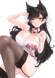 Rule 34 | 1girl, alternate costume, animal ears, ass, atago (azur lane), azur lane, black hair, black thighhighs, blush, breasts, bridal gauntlets, brown eyes, china dress, chinese clothes, cleavage, cleavage cutout, closed mouth, clothing cutout, dress, extra ears, garter straps, gloves, hair ribbon, hand on own chest, hand up, highres, knee up, large breasts, long hair, looking at viewer, minikon, mole, mole under eye, ribbon, simple background, single glove, skindentation, smile, solo, swept bangs, thighhighs, thighs, white background, white dress, white ribbon, wristband