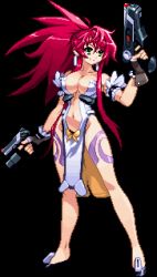 Rule 34 | 1girl, ?, animated, animated gif, bouncing breasts, breasts, cleavage, earrings, gun, himeki luna, idle animation, large breasts, lowres, navel, pelvic curtain, pixel art, red hair, solo, sprites, sugeno tomoaki, vanguard princess, weapon