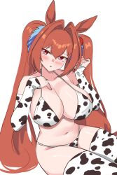 Rule 34 | 1girl, animal ears, animal print, bare shoulders, bell, bikini, blush, breasts, brown hair, cleavage, collar, collarbone, commentary request, cow horns, cow print, cow print bikini, cowbell, daiwa scarlet (umamusume), detached sleeves, fake horns, hair intakes, highres, horns, horse ears, horse girl, large breasts, long hair, looking at viewer, navel, neck bell, open mouth, print bikini, red eyes, solo, swimsuit, thighhighs, twintails, umamusume, very long hair, white bikini, xiang (user tfpn4322)