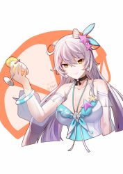 Rule 34 | 1girl, absurdres, antenna hair, bare shoulders, barefoot, blue eyes, breasts, cleavage, closed mouth, cup, dress, drink, drinking glass, drinking straw, food, fruit, hair between eyes, halfmoe, highres, holding, holding cup, honkai (series), honkai impact 3rd, kiana kaslana, kiana kaslana (herrscher of the void), long hair, looking at viewer, orange (fruit), seashell, see-through, see-through sleeves, shell, simple background, smile, solo, starfish, starfish hair ornament, sundress, white background, white hair, wine glass, yellow eyes