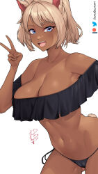 Rule 34 | 1girl, :d, animal ears, bare shoulders, bikini, black bikini, blonde hair, blue eyes, breasts, cameltoe, cleavage, commentary, commission, cowboy shot, damobelmont, dark skin, english commentary, hand up, highres, large breasts, looking at viewer, navel, off-shoulder bikini, off shoulder, open mouth, original, short hair, smile, solo, standing, stomach, swimsuit, v