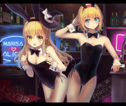 Rule 34 | 2girls, :d, alice margatroid, alternate costume, animal ears, bar (place), bare shoulders, black bow, black bowtie, black hat, black leotard, blonde hair, blue eyes, blush, bottle, bow, bowtie, braid, breasts, character name, cleavage, closed mouth, cowboy shot, culter, detached collar, earrings, eyebrows, eyelashes, fake animal ears, female focus, fishnet pantyhose, fishnets, flipped hair, frills, hair bow, hairband, hand on own head, hat, hat bow, hat ribbon, heart, indoors, jewelry, kirisame marisa, leaning forward, leaning to the side, leotard, letterboxed, long hair, looking at viewer, medium breasts, mini hat, mini witch hat, multiple bottles, multiple girls, neon lights, open mouth, pantyhose, playboy bunny, pulling own clothes, rabbit ears, rabbit tail, ribbon, short hair, side-tie leotard, signpost, small breasts, smile, tail, teeth, thigh gap, touhou, white bow, wine bottle, witch hat, wooden wall, wrist cuffs, yellow eyes