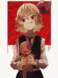 Rule 34 | 1girl, absurdres, black skirt, black vest, blonde hair, blood, blouse, commentary, english commentary, gingerbread man, hair between eyes, head tilt, heart, heart-shaped pupils, highres, looking at viewer, nail polish, naufaldreamer, necktie, red background, red nails, red necktie, rumia, shirt, short hair, skirt, skirt set, solo, symbol-shaped pupils, tongue, tongue out, touhou, vest, white shirt