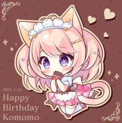 Rule 34 | 1girl, animal ears, apron, blonde hair, blush, cat ears, cat girl, cat tail, chibi, chocolate, commentary request, dated, dress, eating, hair between eyes, heart, long hair, looking at viewer, maid apron, maid headdress, original, pink dress, purple eyes, ryuuka sane, sidelocks, solo, sparkling eyes, swept bangs, tail, thighhighs, valentine, white thighhighs, zettai ryouiki