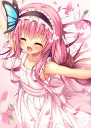 Rule 34 | 1girl, :d, ^ ^, blush, butterfly hair ornament, closed eyes, collarbone, commentary request, dress, flower, flower knight girl, frilled hairband, frills, hair ornament, hair scrunchie, hairband, hanamomo (flower knight girl), heart, huei nazuki, long hair, low-tied long hair, open mouth, outstretched arms, petals, pink flower, pink hair, pink scrunchie, sash, scrunchie, smile, solo, spread arms, sundress, very long hair, white dress