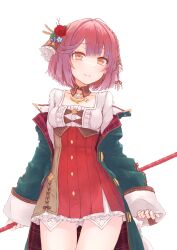 Rule 34 | 1girl, atelier (series), atelier sophie, atelier sophie 2, breasts, closed mouth, dress, flower, highres, holding, holding staff, holding weapon, jacket, long sleeves, looking at viewer, medium breasts, open clothes, open jacket, red eyes, red flower, red rose, rose, sepia (kilikasumi), smile, solo, sophie neuenmuller, staff, standing, weapon, yellow eyes