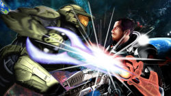 Rule 34 | 2boys, absurdres, armor, commander shepard, commander shepard (male), earth (planet), epic, gradient background, gun, halo (game), helmet, highres, mass effect (series), mass effect 1, master chief, multiple boys, planet, power armor, space, star (symbol), weapon