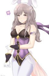 Rule 34 | 1girl, absurdres, animal ears, arcedo, breasts, brown eyes, brown hair, choker, cleavage, closed mouth, fake animal ears, fire emblem, fire emblem awakening, frilled choker, frills, gloves, highres, leotard, long hair, medium breasts, nintendo, pantyhose, playboy bunny, rabbit ears, simple background, smile, solo, sumia (fire emblem), twitter username, white background, white pantyhose