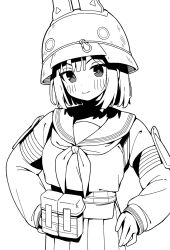 Rule 34 | &gt;:), 1girl, ammunition pouch, animal ears, belt pouch, blue archive, blush, bob cut, cat ear helmet, closed mouth, commentary, fake animal ears, greyscale, helmet, highres, layered sleeves, long sleeves, looking at viewer, monochrome, pleated skirt, pouch, sailor collar, saki (blue archive), school uniform, serafuku, seramikku, short hair, simple background, skirt, smile, solo, v-shaped eyebrows, white background