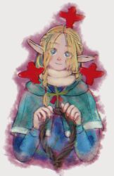 Rule 34 | 1girl, alternate eye color, blonde hair, blue capelet, blue eyes, blue robe, braid, capelet, creature, creature on head, creature on shoulder, dungeon meshi, elf, elftoissho, hair over eyes, hands up, head tilt, holding, holding staff, hood, hood down, hooded capelet, long hair, long sleeves, looking at viewer, marcille donato, on shoulder, parted bangs, pointy ears, robe, scarf, side braid, smile, snowing, sprout, staff, upper body, white background, white scarf, winter clothes