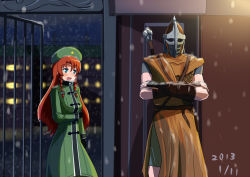 Rule 34 | 1boy, 1girl, aqua eyes, armor, blush, bracer, braid, chainmail, chinese clothes, crossed arms, crossover, gate, guard, guard (skyrim), hat, helmet, hong meiling, long coat, long hair, long sleeves, open mouth, red hair, snowing, standing, star (symbol), suibotuouji, the elder scrolls, the elder scrolls v: skyrim, touhou, twin braids, weapon
