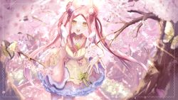 Rule 34 | 1girl, absurdres, animal ears, cherry blossoms, commentary, commission, detached sleeves, double bun, dress, english commentary, flower, forest, hair bun, highres, indie virtual youtuber, leaning forward, looking at viewer, nature, neko tsukune, open hand, open mouth, parted bangs, pink flower, satsuki nadeko, second-party source, skeb commission, smile, solo, tree, twintails, virtual youtuber, yellow dress, yellow eyes
