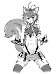 Rule 34 | 1girl, abs, ahoge, animal ears, blackheart, blazblue, breasts, fingerless gloves, gloves, greyscale, large breasts, makoto nanaya, microskirt, midriff, monochrome, navel, revealing clothes, short hair, skirt, solo, spread legs, squirrel ears, squirrel tail, tail, thighhighs, tonfa, underboob, weapon